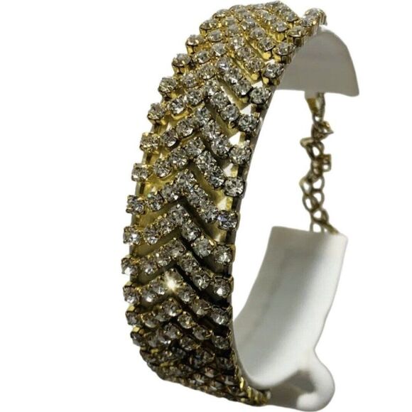 Vintage Multi Row Rhinestone Gold Tone Chain Wedding Runway Women’s Bracelet - Picture 1 of 11